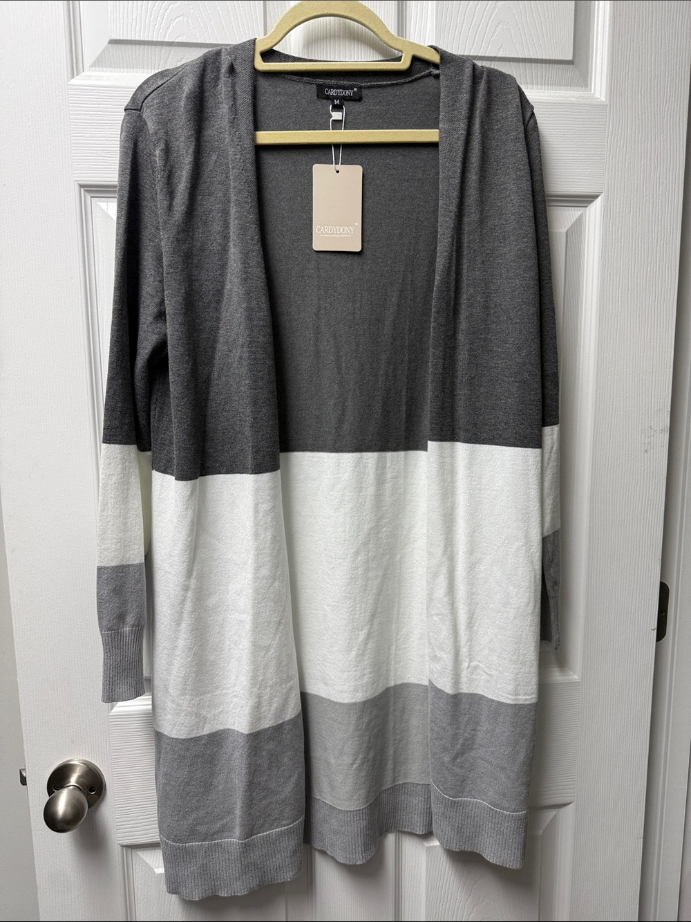 Open-Front Colorblock Long Cardigan - Gray & White